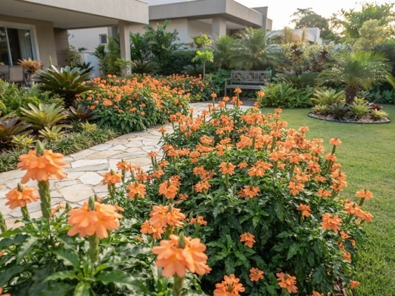 Grande canteiro de crossandras alaranjadas em jardim residencial com caminhos e vegetação ornamental.
