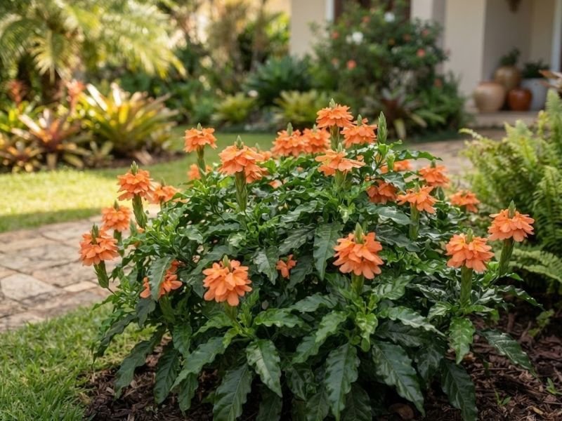 Planta crossandra com flores alaranjadas em espigas e folhas verdes brilhantes cultivada no jardim.