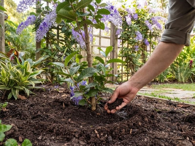 Pessoa colocando composto orgânico ao redor da flor-de-São-Miguel plantada no jardim