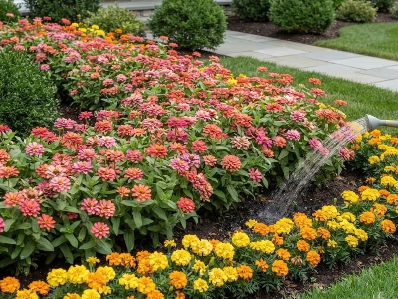 Rega de zínias e tagetes cultivados como flores anuais para canteiros