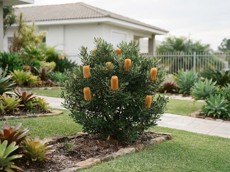 Banksia florida cultivada em jardim residencial brasileiro bem cuidado