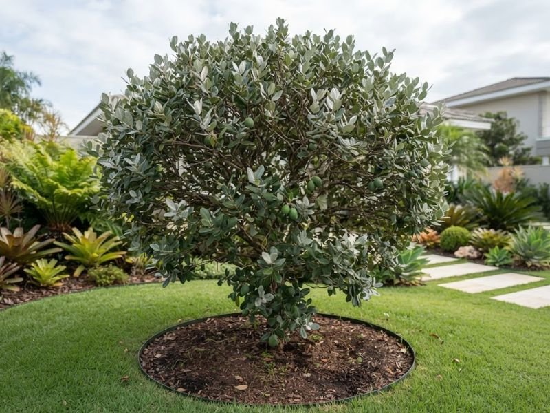 Goiaba serrana adulta integrada ao paisagismo de um jardim residencial