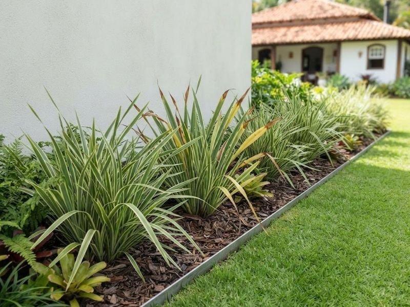 Dianela variegata com algumas folhas amarelas e pontas secas em canteiro ornamental.
