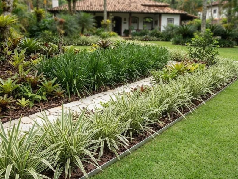 Grupos de dianela variegata e dianela de folhagem verde usados lado a lado no paisagismo.