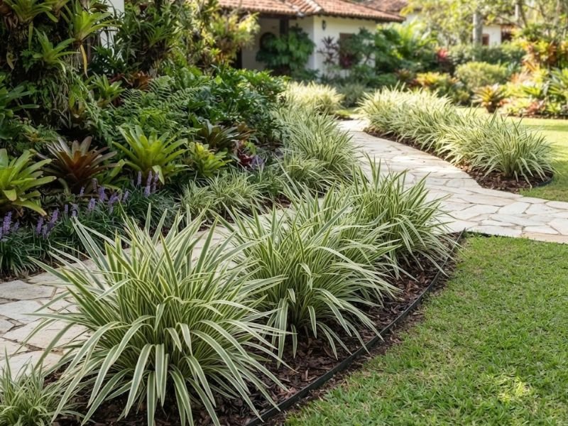 Touceiras de dianela variegata com folhas verdes e creme compondo bordadura em jardim ornamental.