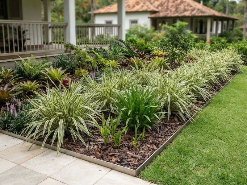 Dianela variegata com algumas brotações totalmente verdes entre folhas listradas em verde e creme.