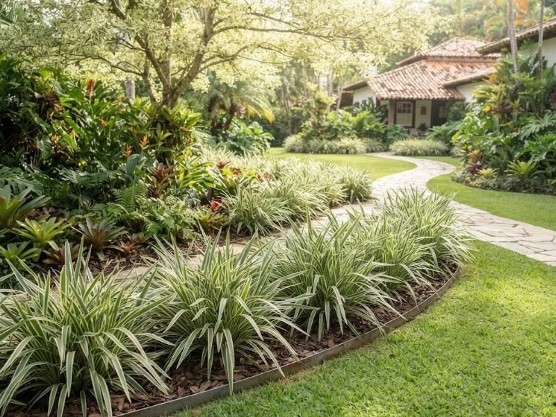 Dianela variegata cultivada em grupo sob meia sombra luminosa em jardim residencial.