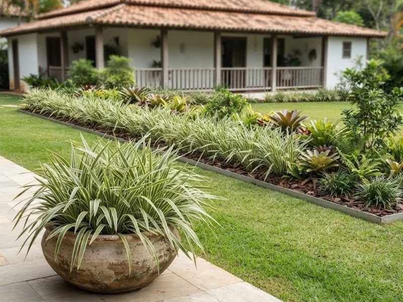 Dianela variegata cultivada em vaso largo com grupos da planta formando canteiro ao fundo.