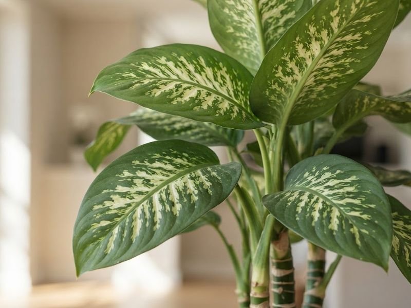Folhas verdes e creme de Dieffenbachia seguine em close