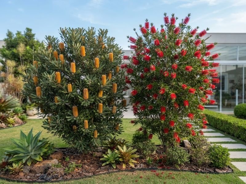 Banksia de flores douradas ao lado de calistemo adulto com flores vermelhas