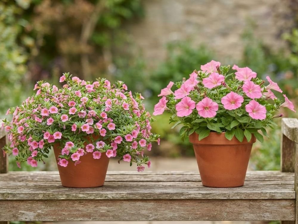 Calibrachoa e petúnia lado a lado mostrando diferenças entre flores e folhas