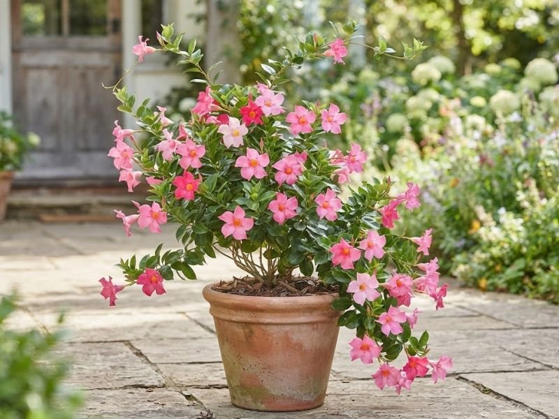 Dipladênia compacta com muitas flores rosas cultivada em vaso no jardim.