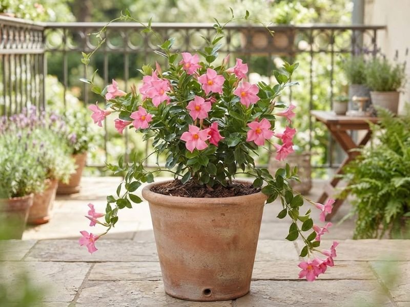 Dipladênia rosa cultivada em vaso com ramos flexíveis e flores pendendo pelas laterais.