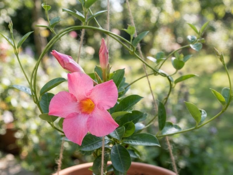 Detalhe de dipladênia rosa mostrando flor aberta, botões e folhas verdes brilhantes.