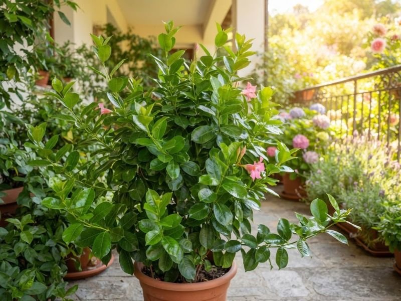 Dipladênia saudável com muitas folhas e poucas flores cultivada em local sombreado.