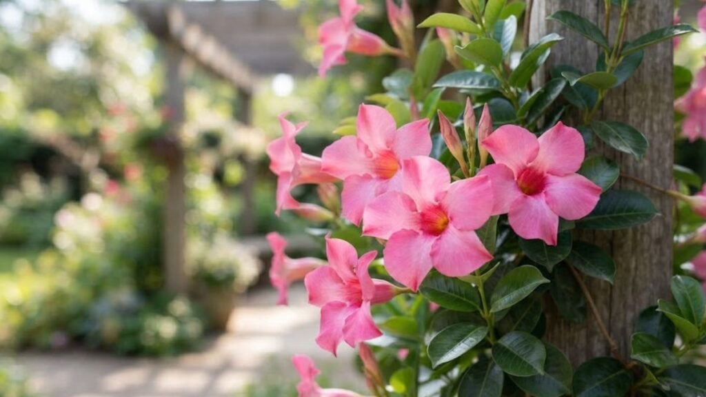 Dipladênia rosa florida crescendo junto a pilar de madeira em jardim residencial.