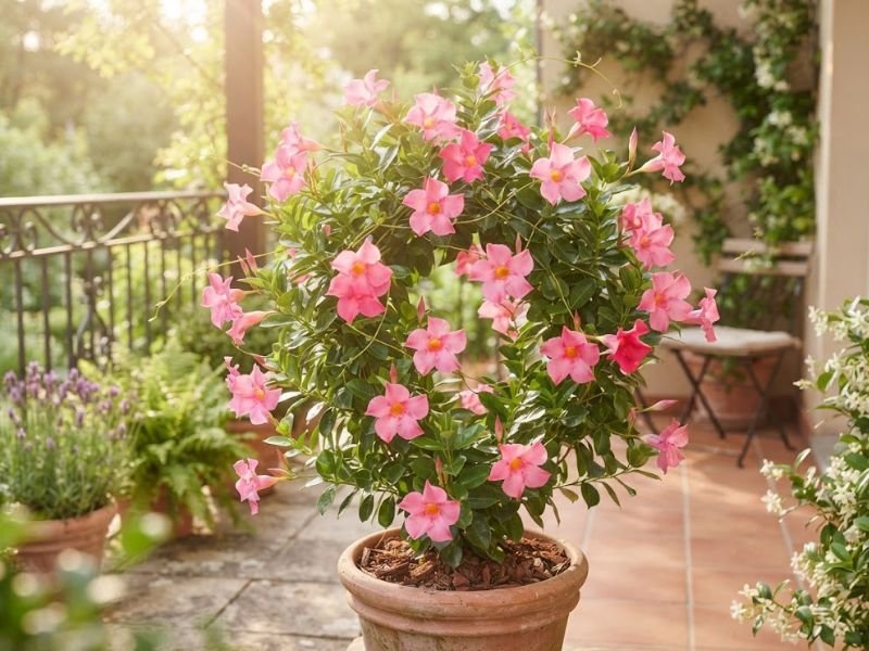Dipladênia rosa recebendo sol suave da manhã em área externa bem iluminada.
