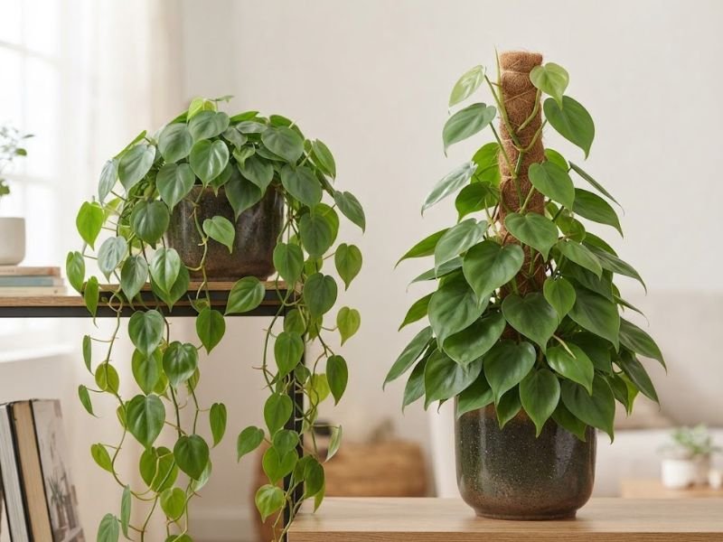 Dois filodendros coração em formas diferentes de cultivo dentro de casa
