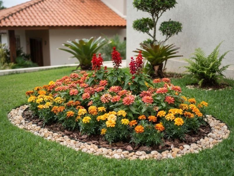 Canteiro residencial organizado com flores anuais coloridas e bem distribuídas
