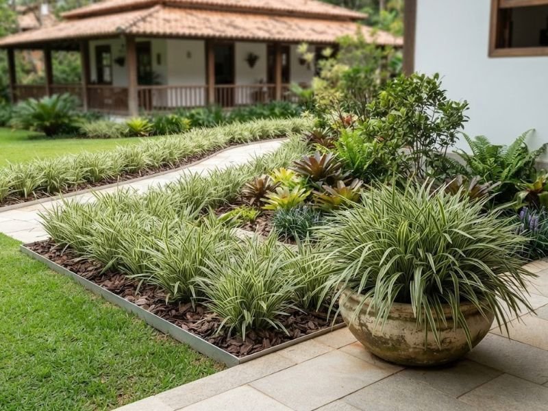 Dianela variegata cultivada em grupos e bordaduras dentro de jardim residencial ornamental.