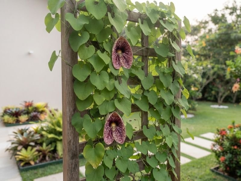 Flor papo de peru conduzida em treliça de madeira, com flores pendentes e jardim residencial bem cuidado ao fundo.