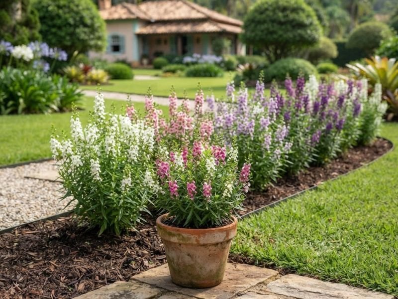 Angelônia cultivada em vaso e em grupos floridos no jardim residencial