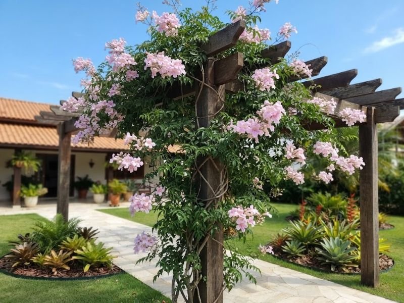 Trepadeira sete léguas florida cobrindo parcialmente estrutura de madeira em jardim residencial.