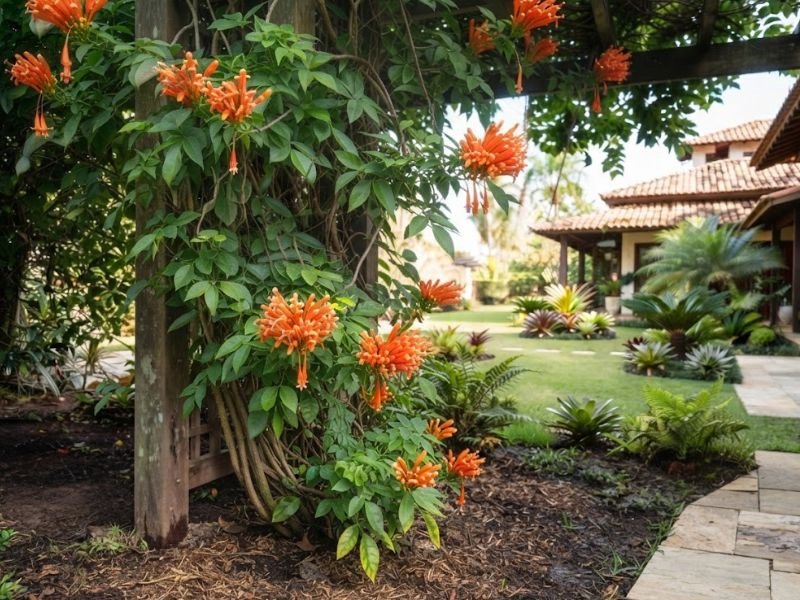 Cipó de são joão adulto florido em pergolado com folhas verdes e cachos alaranjados em jardim residencial.