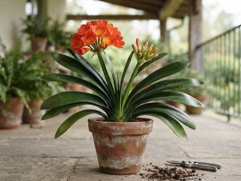Clívia miniata com flores abertas e botões em uma varanda clara
