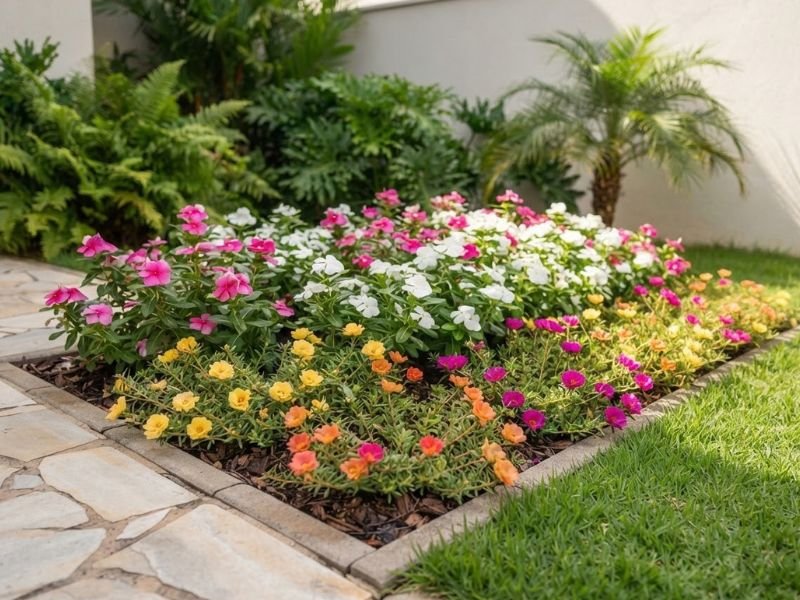 Vincas e flor onze horas cultivadas juntas em canteiro residencial ensolarado