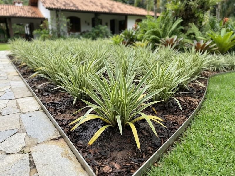 Dianela variegata com folhas inferiores amarelando e solo excessivamente úmido em canteiro de jardim.