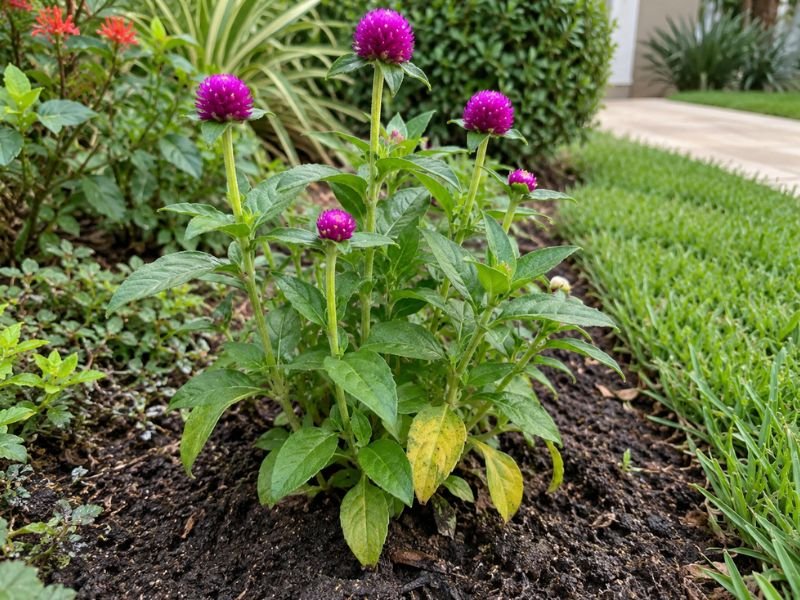 Flor perpétua com algumas folhas inferiores amarelas em solo excessivamente úmido