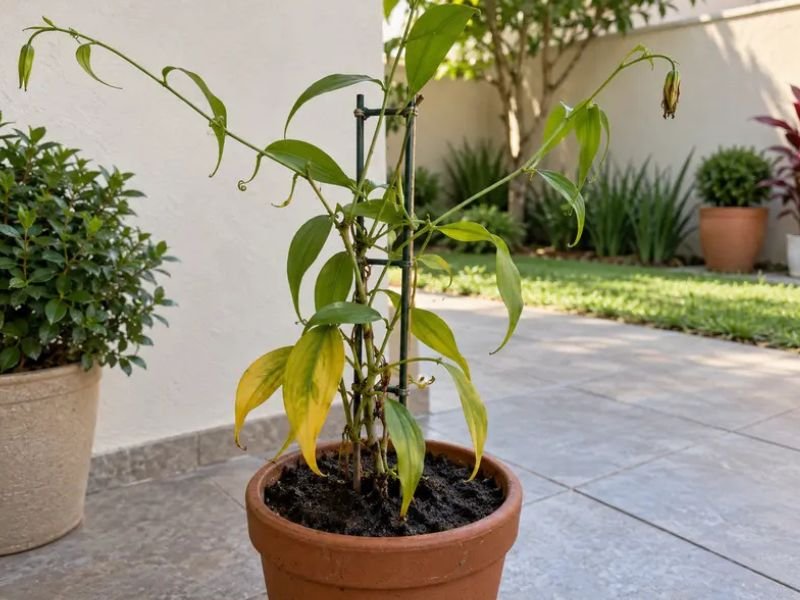 Gloriosa em vaso com folhas amarelas e sinais de enfraquecimento no cultivo