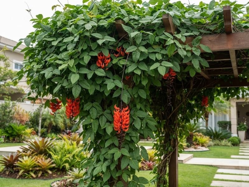 Jade vermelha com muita folhagem e poucos cachos floridos em pergolado
