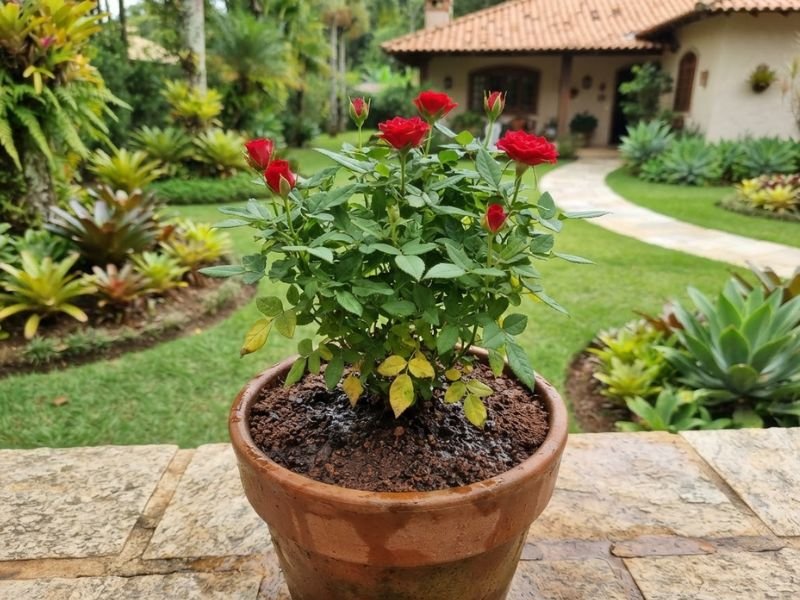 Mini rosa vermelha com algumas folhas inferiores amarelas e substrato muito úmido.