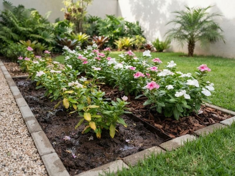 Vincas com folhas amareladas em área de solo excessivamente úmido no canteiro