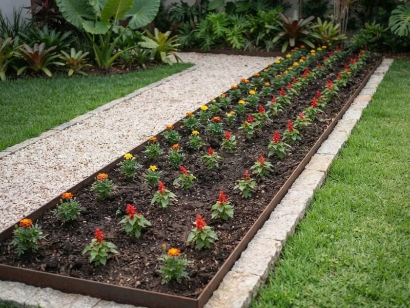 Mudas de flores anuais plantadas com espaço regular entre elas no canteiro