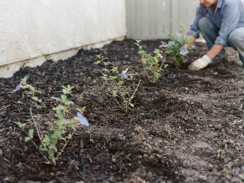 Mudas de tumbérgia arbustiva plantadas em linha com espaços regulares