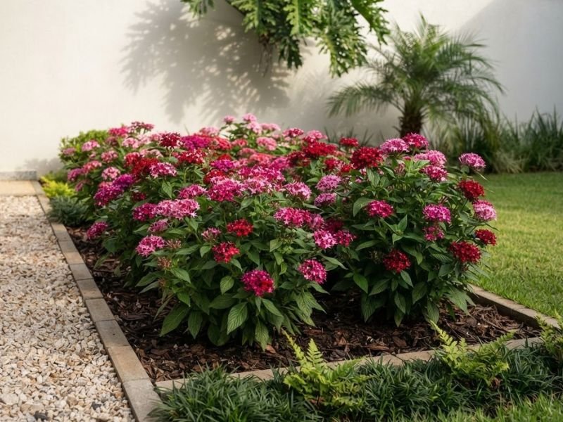 Estrela do Egito rosa e vermelha formando grupo florido em canteiro de verão