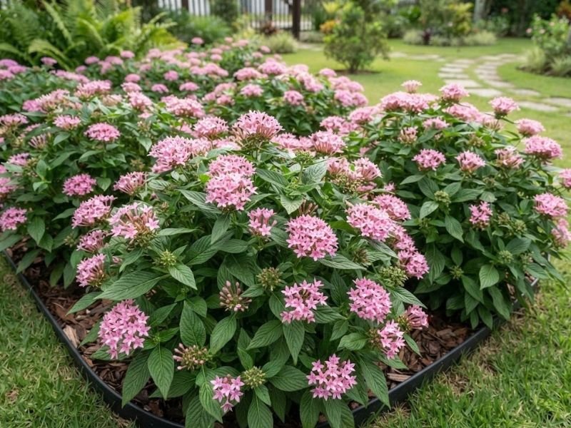Flores rosas de estrela do Egito reunidas em cachos em um canteiro de jardim