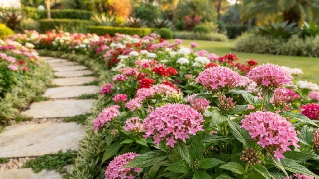 Flores rosas de estrela do Egito em destaque em canteiro ao lado de um caminho de pedras.