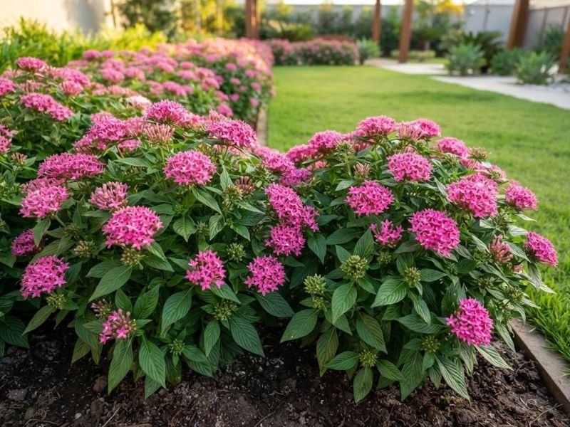 Estrela do Egito saudável com muitos cachos de flores rosas e folhas verdes