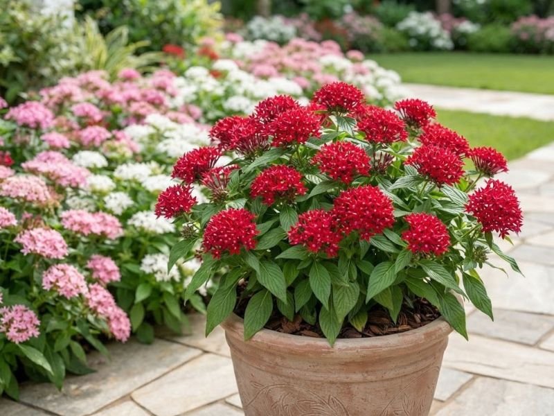 Estrela do Egito com flores vermelhas cultivada em vaso no jardim