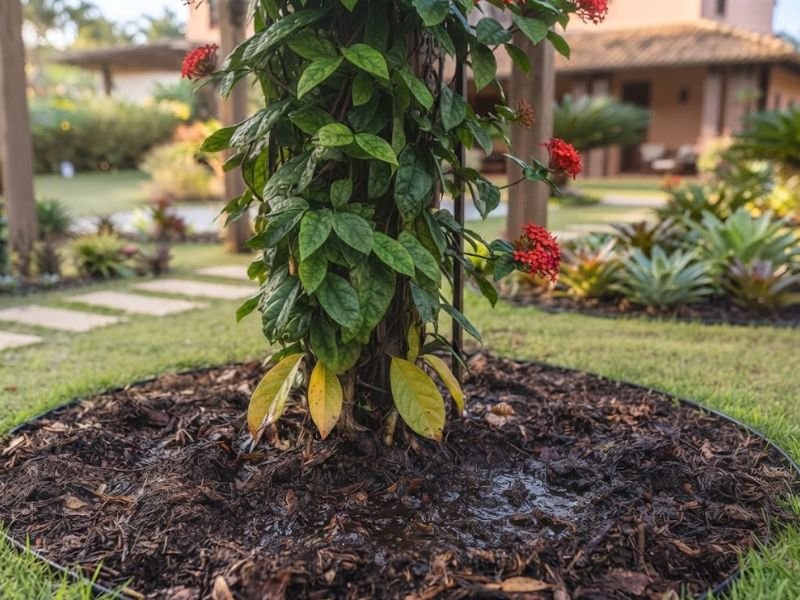 Clerodendro vermelho com folhas inferiores amarelando em solo muito úmido