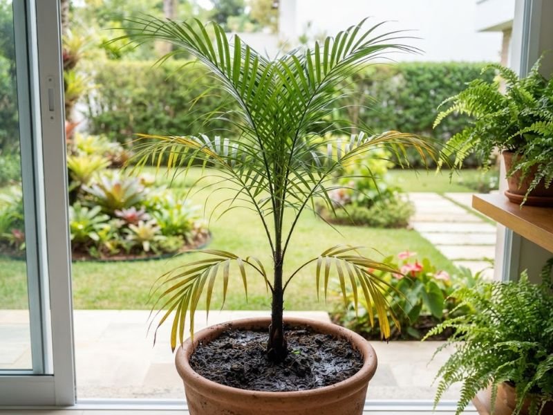Palmeira de Petrópolis com folhas inferiores amarelando por excesso de umidade