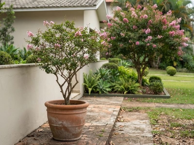 Extremosa compacta cultivada em vaso com árvore adulta ao fundo