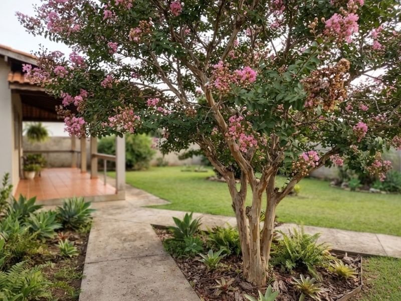 Extremosa adulta florida ao lado de caminho em jardim residencial