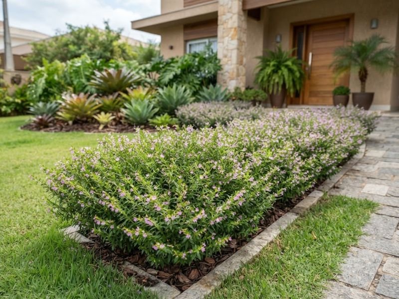 Falsa érica formando bordadura baixa e florida na entrada de um jardim residencial.