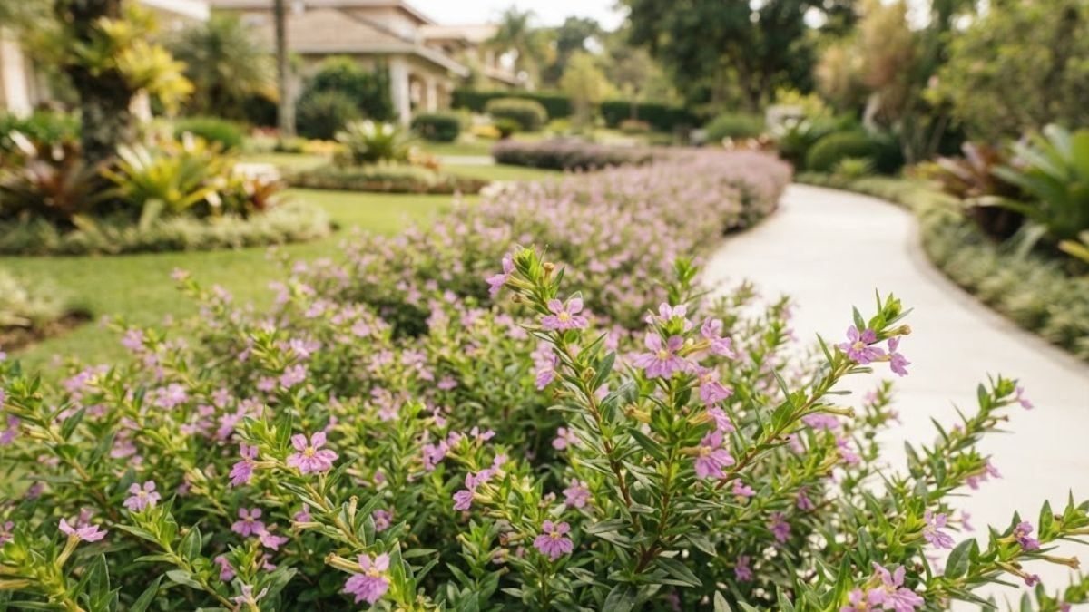 Falsa érica com pequenas flores lilás em primeiro plano e bordadura florida ao longo de caminho no jardim.