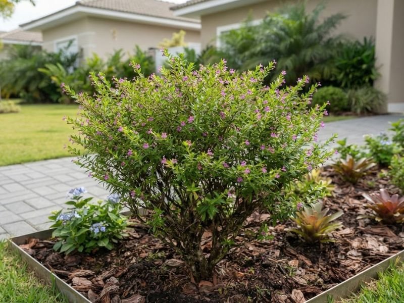 Falsa érica adulta com ramos finos, folhas pequenas e flores lilás em jardim residencial.